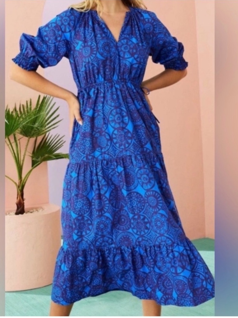 Marie Oliver Sodalite Coin Print Farin Tiered Dress Size Small